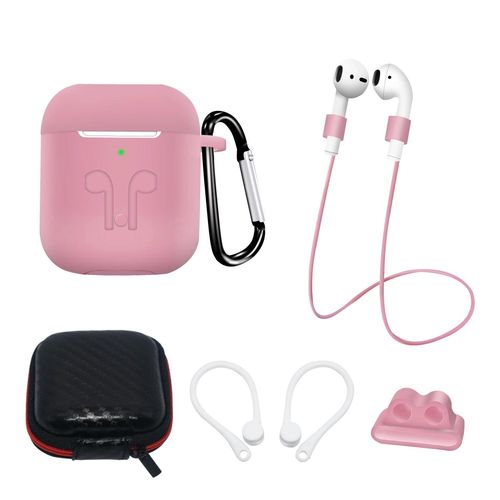 Set of AirPods 2 / AirPods 1 silicone case + case / ear hook / neck strap / watch strap holder / carabiner - pink, Hurtel 5907769354915 5907769354915