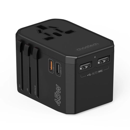 Choetech PD6045 USB-C USB-A 45W GaN Travel Charger with US EU UK AU Plugs - Black, Choetech 6932112106209 6932112106209