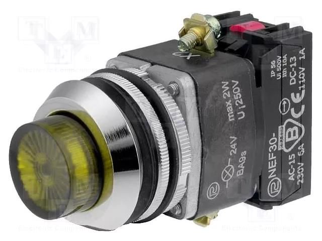 Switch: push-button; 30mm; Stabl.pos: 1; NC + NO; yellow; 24V; IP56 PROMET NEF30-WLGXY24V
