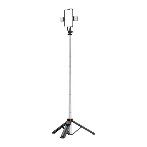 Selfie stick WC13YDS telescopic tripod 1.3m with double lamp and phone holder - black, Hurtel 5907769360619 5907769360619