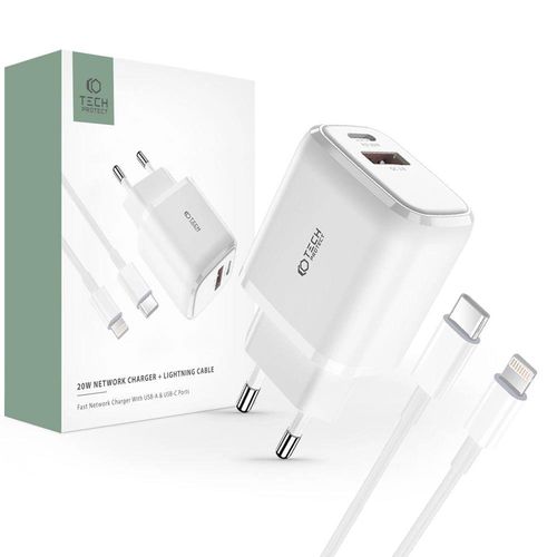 Tech-Protect C20W USB-C PD 20W / USB-A QC 3.0 Charger with USB-C / Lightning Cable - White, Tech-Protect 5906203697151 5906203697151