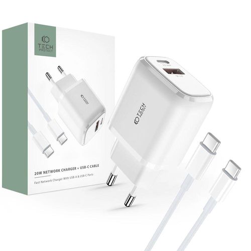 Tech-Protect C20W USB-C PD 20W / USB-A QC 3.0 charger with USB-C / USB-C cable - white, Tech-Protect 5906203697663 5906203697663