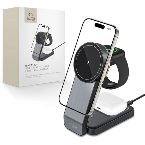 Tech-Protect QI15W-A28 MagSafe 3in1 Inductive Charger with Smartphone / Apple Watch / AirPods Stand - Black, Tech-Protect 5906203699902 5906203699902