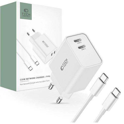 Tech-Protect C35W 2x USB-C PD 35W charger with USB-C / USB-C cable - white, Tech-Protect 5906203694860 5906203694860