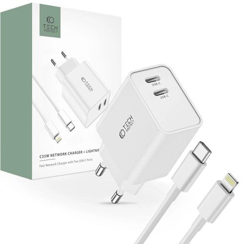 Tech-Protect C35W 2x USB-C PD 35W Wall Charger with USB-C / Lightning Cable - White, Tech-Protect 5906203694877 5906203694877