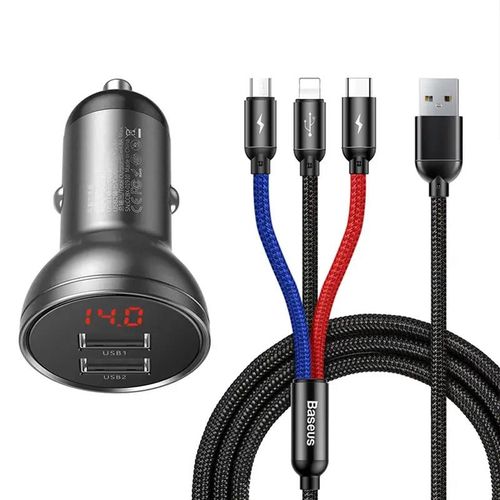 Ładowarka samochodowa Baseus z wyświetlaczem 24W + kabel USB 3w1 Baseus Three Primary Colors 1,2m, Baseus TZCCBX-0G