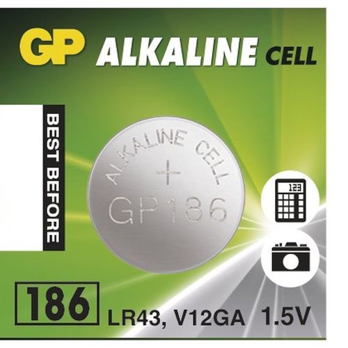 Alkaline Battery 186 (LR43, L1142,  AG12, V12GA, D186A, 386) 1.5V GP 186C2LR43 4891199015502