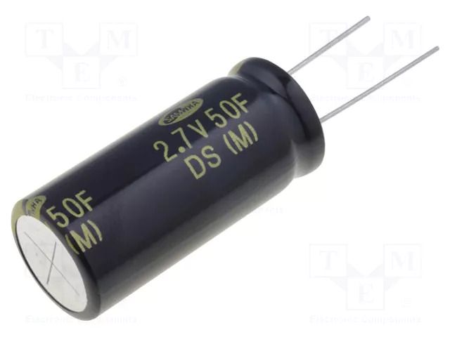 Capacitor: supercapacitor; Body dim: Ø18x40mm; 50F; ±20%; THT; EDLC SAMWHA DS5U506M18040BB
