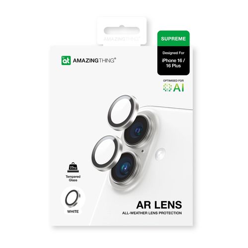 AmazingThing AR Aluminum 2 Lens Glass with Camera Lens Frame for iPhone 16 / 16 Plus - White, AmazingThing IP16CAM2WGLA IP16CAM2WGLA