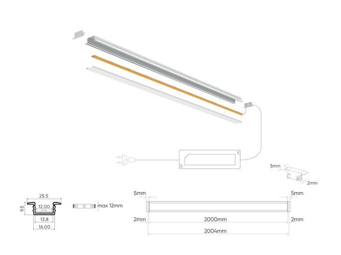 LED profile set, 2m, recessed, black, with opal cover and encaps 203693 5905378203693