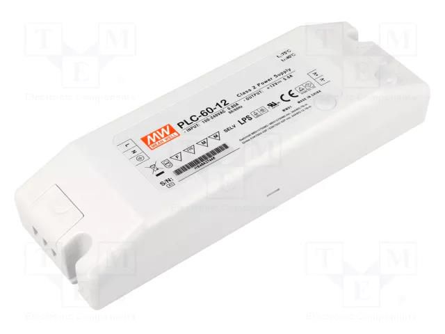 Power supply: switching; LED; 60W; 12VDC; 5A; 90÷264VAC; 127÷370VDC MEAN WELL PLC-60-12