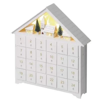 LED Advent calendar, wooden, 35x33 cm, 2x AA, indoor, warm white, timer, EMOS DCWW02