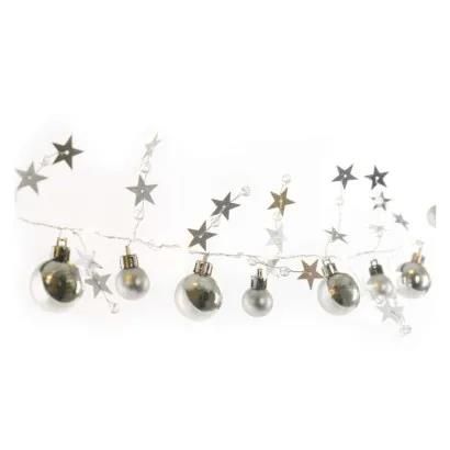 LED Christmas garland – silver spheres with stars, 1.9 m, 2x AA, indoor, warm white, timer, EMOS DCGW10