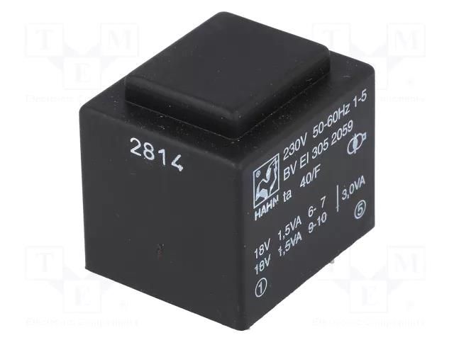 Transformer: encapsulated; 3VA; 230VAC; 18V; 18V; 83mA; 83mA; PCB HAHN BVEI3052059