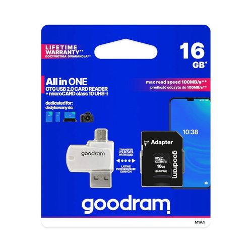 Goodram All in One memory card microSD 16GB class 10 + adapter + reader OTG KAP-06947 5908267930267