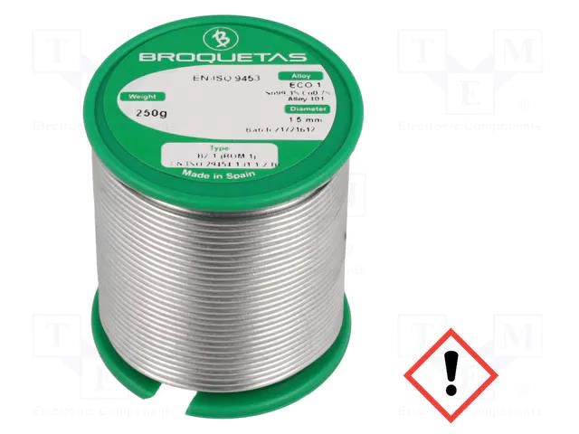 Tin; lead free; Sn99,3Cu0,7; 1.5mm; 0.25kg; reel; 220°C; Flux: SW26 BROQUETAS ECO1-15/025H