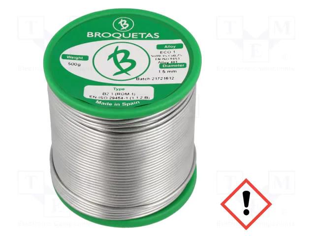 Tin; lead free; Sn99,3Cu0,7; 1.5mm; 0.5kg; reel; 220°C; Flux: SW26 BROQUETAS ECO1-15/05H