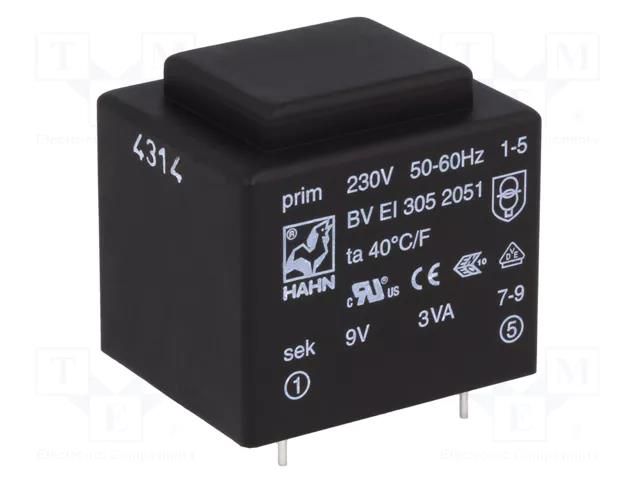 Transformer: encapsulated; 3VA; 230VAC; 9V; 334mA; PCB; BVEI HAHN BVEI3052051