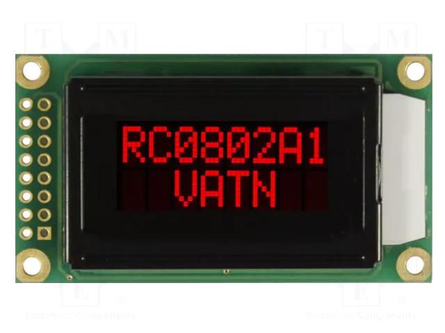 Display: LCD; alphanumeric; VA Negative; 8x2; 58x32x13.2mm; LED RAYSTAR OPTRONICS RC0802A1-LLR-JWVE