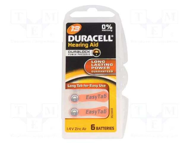 Battery: zinc air (ZnO2); AC13,coin,R754; 1.4V; 290mAh; 6pcs. DURACELL BAT-DR13ET/6