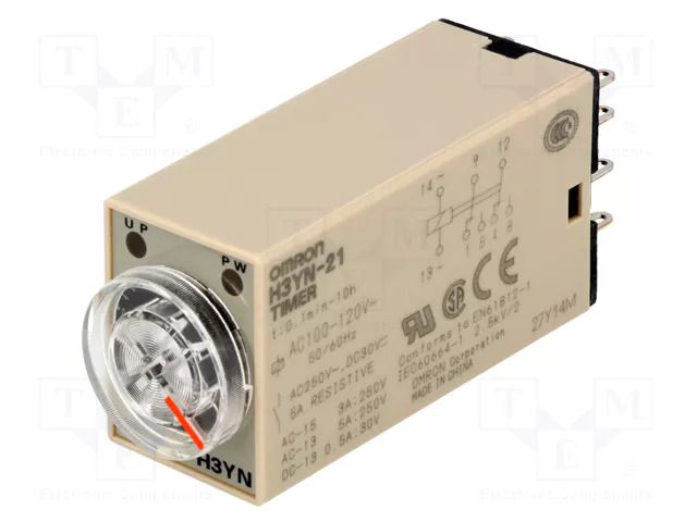 Timer; 0,1min÷10h; DPDT; 250VAC/5A; Usup: 100÷120VAC; H3YN; socket OMRON H3YN-21-100-120AC