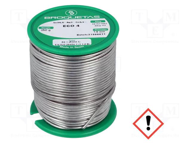 Tin; lead free; Sn96,5Ag3Cu0,5; 1.5mm; 0.25kg; reel; 217÷220°C BROQUETAS ECO4-15/025H