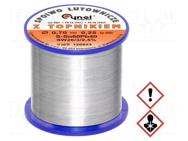 Tin; lead-based; Sn60Pb40; 0.7mm; 0.25kg; reel; 190°C; 2.5% CYNEL LC60-0.70/0.25