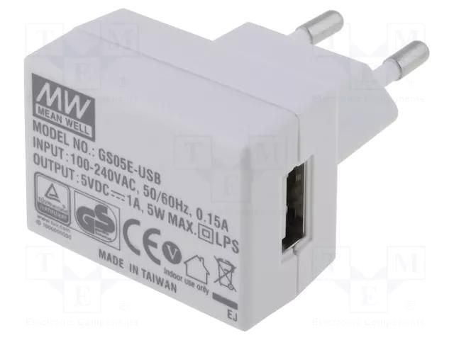 Power supply: switching; mains,plug-in; 5VDC; 1A; 5W; Out: USB MEAN WELL GS05E-USB