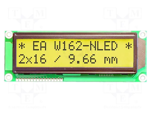 Display: LCD; alphanumeric; STN Positive; 16x2; yellow-green; LED DISPLAY VISIONS EAW162-BNLED