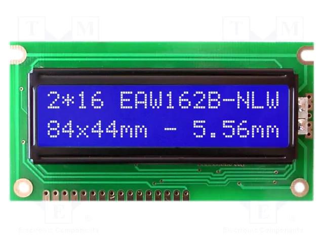 Display: LCD; alphanumeric; STN Negative; 16x2; blue; 84x44mm; LED DISPLAY VISIONS EAW162B-NLW
