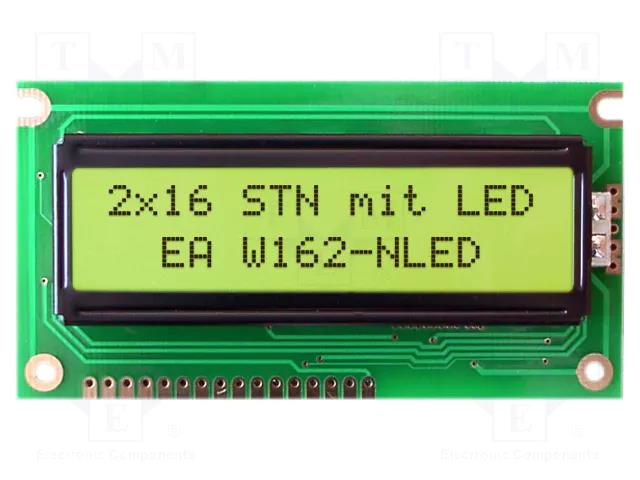 Display: LCD; alphanumeric; STN Positive; 16x2; yellow-green; LED DISPLAY VISIONS EAW162-NLED