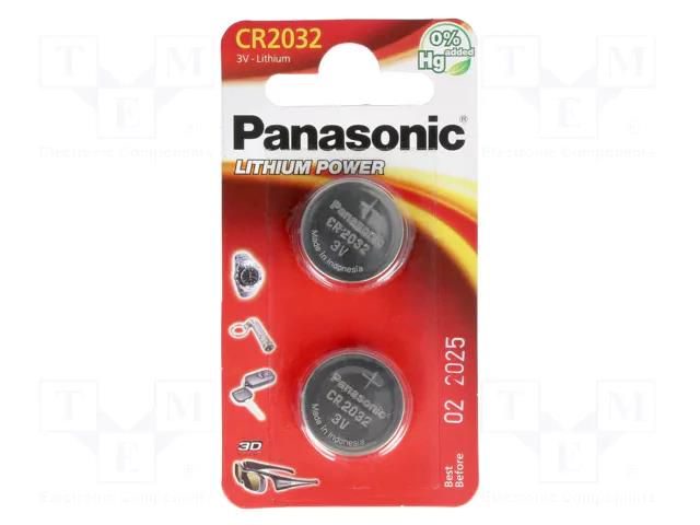 Battery: lithium; CR2032,coin; 3V; non-rechargeable; Ø20x3.2mm PANASONIC BAT-CR2032-P-2B