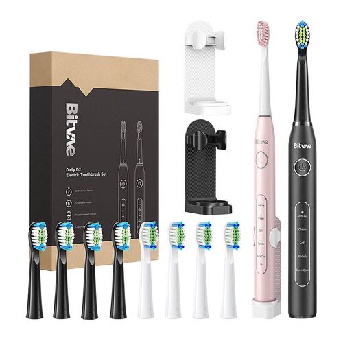 Sonic toothbrushes with tips set and 2 toothbrush holders Bitvae D2+D2 (pink and black), Bitvae BVD2 black&pink bund