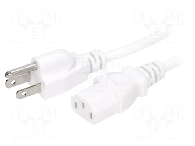 Cable; 3x18AWG; IEC C13 female,NEMA 5-15 (B) plug; PVC; 3m; white LIAN DUNG SN22-3/18/3WH