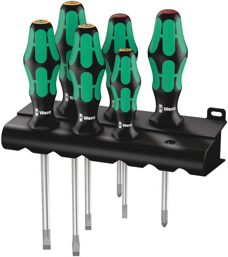 334/6 Rack Screwdriver set Kraftform Plus Lasertip and rack, 1 x PH 1x80; 1 x PH 2x100; 1 x 1.2x6.5x150; 1 x 0.5x3.0x80; 1 x 0.8x4.0x100; 1 x 1.0x5.5x125, Wera 05105650001