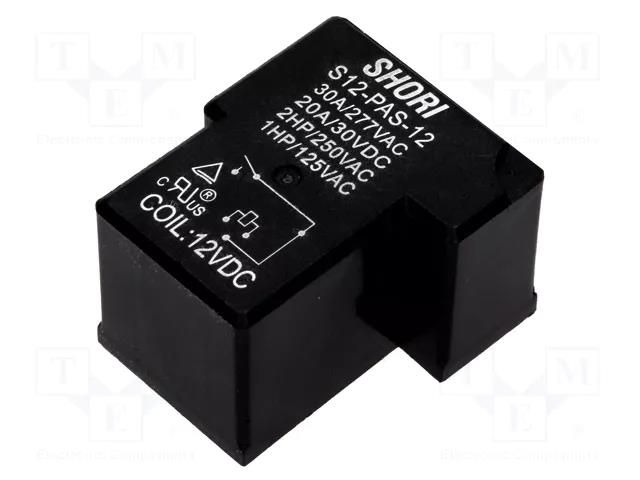 Relay: electromagnetic; SPST-NO; Ucoil: 12VDC; Icontacts max: 30A SHORI ELECTRIC S12-PAS-12