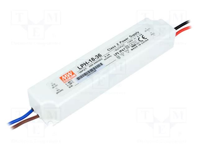 Power supply: switching; LED; 18W; 36VDC; 0.5A; 180÷264VAC; IP67 MEAN WELL LPH-18-36