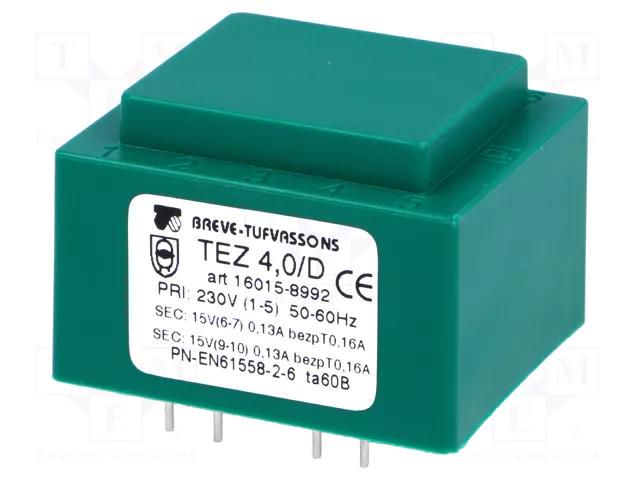 Transformer: encapsulated; 4VA; 230VAC; 15V; 15V; 133.3mA; 133.3mA BREVE TUFVASSONS TEZ4/D/15-15V