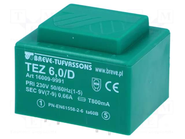Transformer: encapsulated; 6VA; 230VAC; 9V; 666.6mA; PCB; IP00; TEZ BREVE TUFVASSONS TEZ6/D/9V