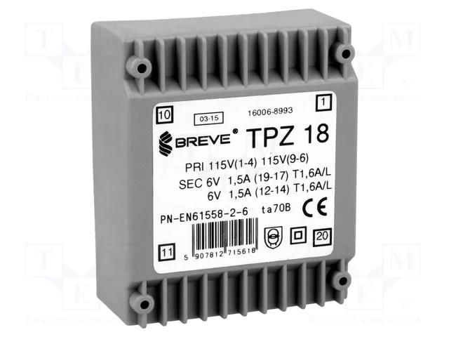 Transformer: mains; 18VA; 115VAC,230VAC; 6V; 6V; 1.5A; PCB; IP00 BREVE TUFVASSONS TPZ18/2X6V