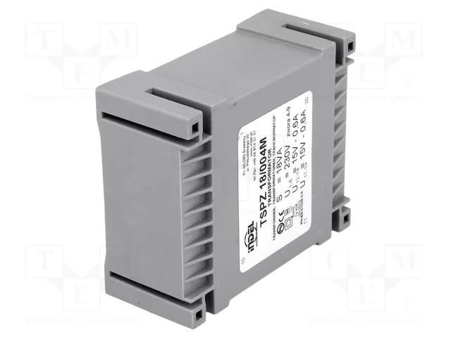 Transformer: encapsulated; 18VA; 230VAC; 15V; 15V; 600mA; 600mA; PCB INDEL TSPZ18/2X15V