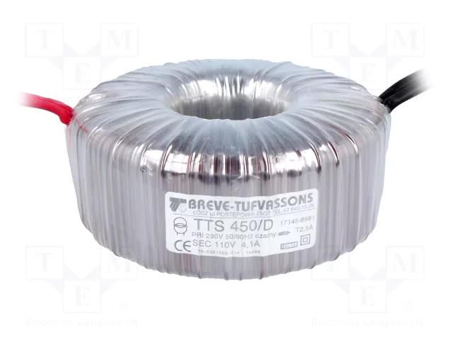 Transformer: toroidal; 450VA; 230VAC; 110V; 4.09A; Leads: cables BREVE TUFVASSONS TTS450/D230/110V
