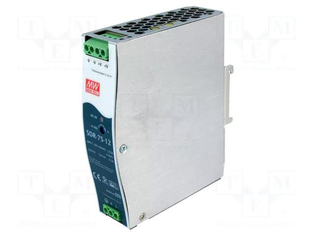 Power supply: switching; for DIN rail; 75.6W; 12VDC; 6.3A; OUT: 1 MEAN WELL SDR-75-12