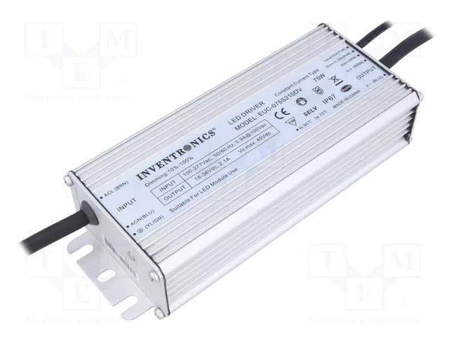 Power supply: switching; LED; 75W; 18÷36V; 2100mA; 90÷305VAC; IP67 INVENTRONICS EUC-075S210DV