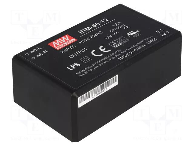 Converter: AC/DC; 60W; Uin: 85÷264VAC; 12VDC; Iout: 5000mA; OUT: 1 MEAN WELL IRM-60-12