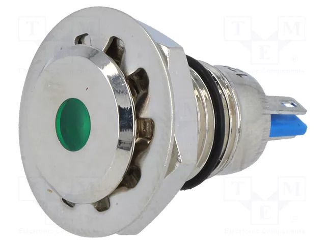 Indicator: LED; flat; green; 12VDC; Ø12mm; IP67; for soldering ONPOW GQ12F-D/G/12