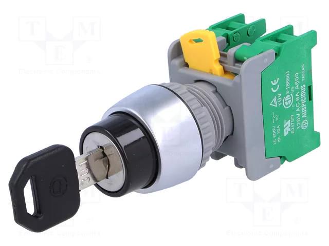 Switch: rotary with key; 22mm; Stabl.pos: 3; NO x2; none; 3A/230VAC AUSPICIOUS KS22-2-O