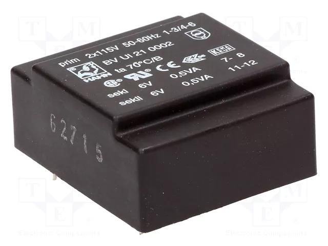 Transformer: encapsulated; 1VA; 115VACx2; 6V; 6V; 82mA; 82mA; PCB HAHN BVUI210002