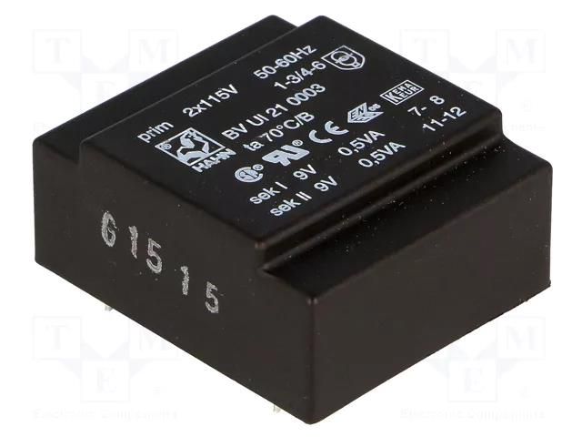 Transformer: encapsulated; 1VA; 115VACx2; 9V; 9V; 56mA; 56mA; PCB HAHN BVUI210003