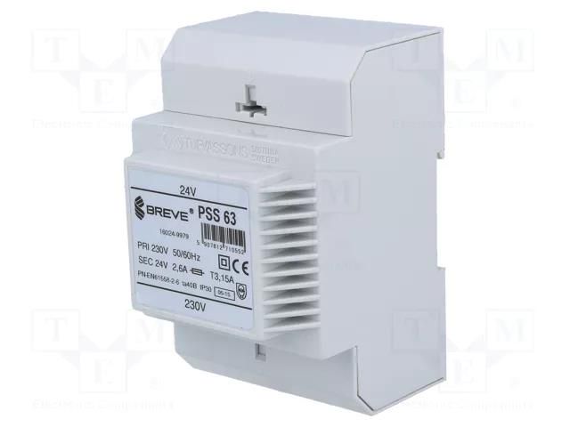 Transformer: mains; 63VA; 230VAC; 24V; Leads: terminal block; IP30 BREVE TUFVASSONS PSS63/230/24V